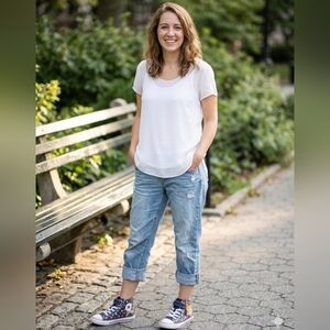 LOFT White Short-Sleeve Semi-Sheer Round-Neck Blouse